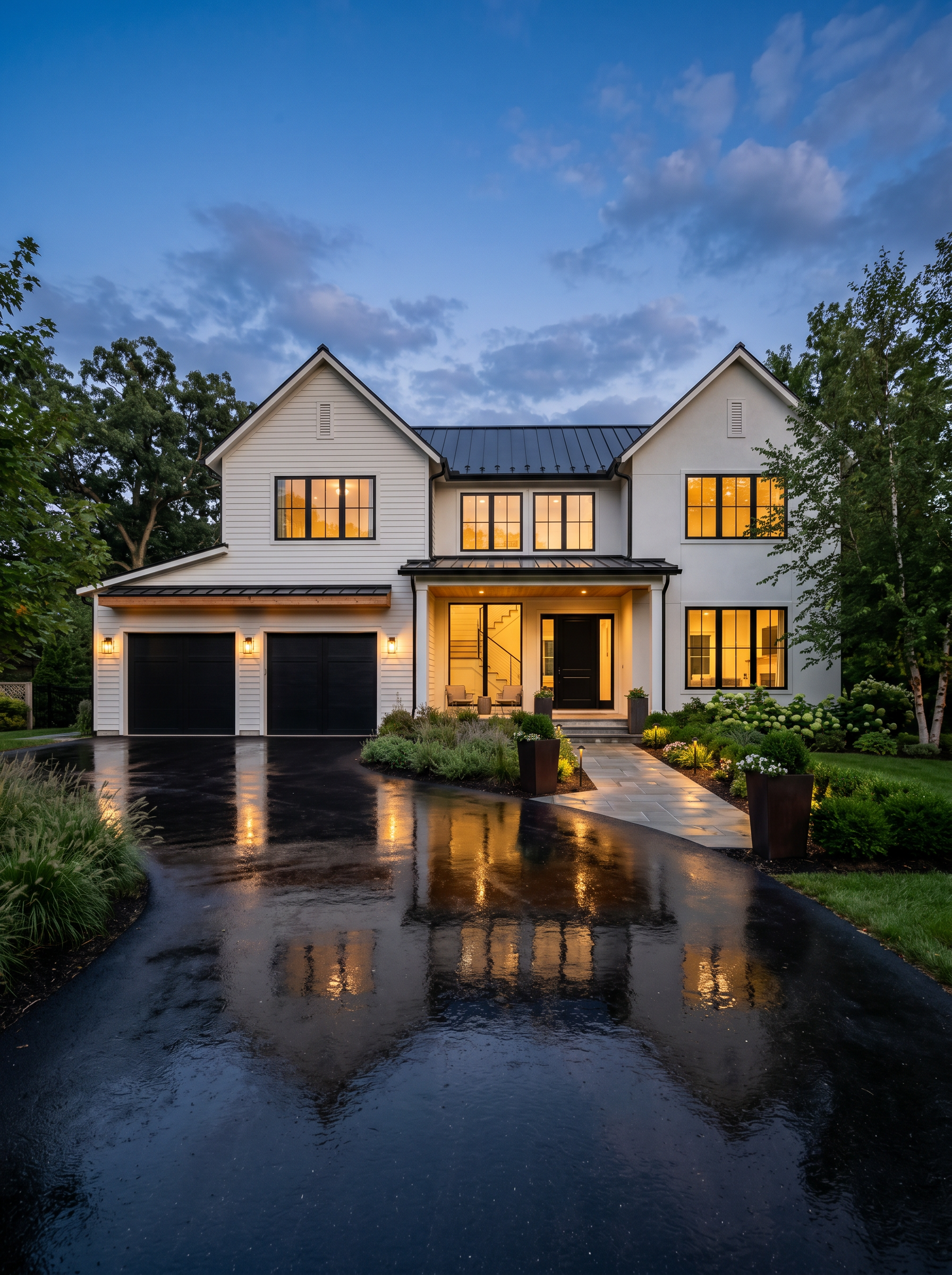 A beautifully renovated modern residential home at dusk, glowing warm from within.