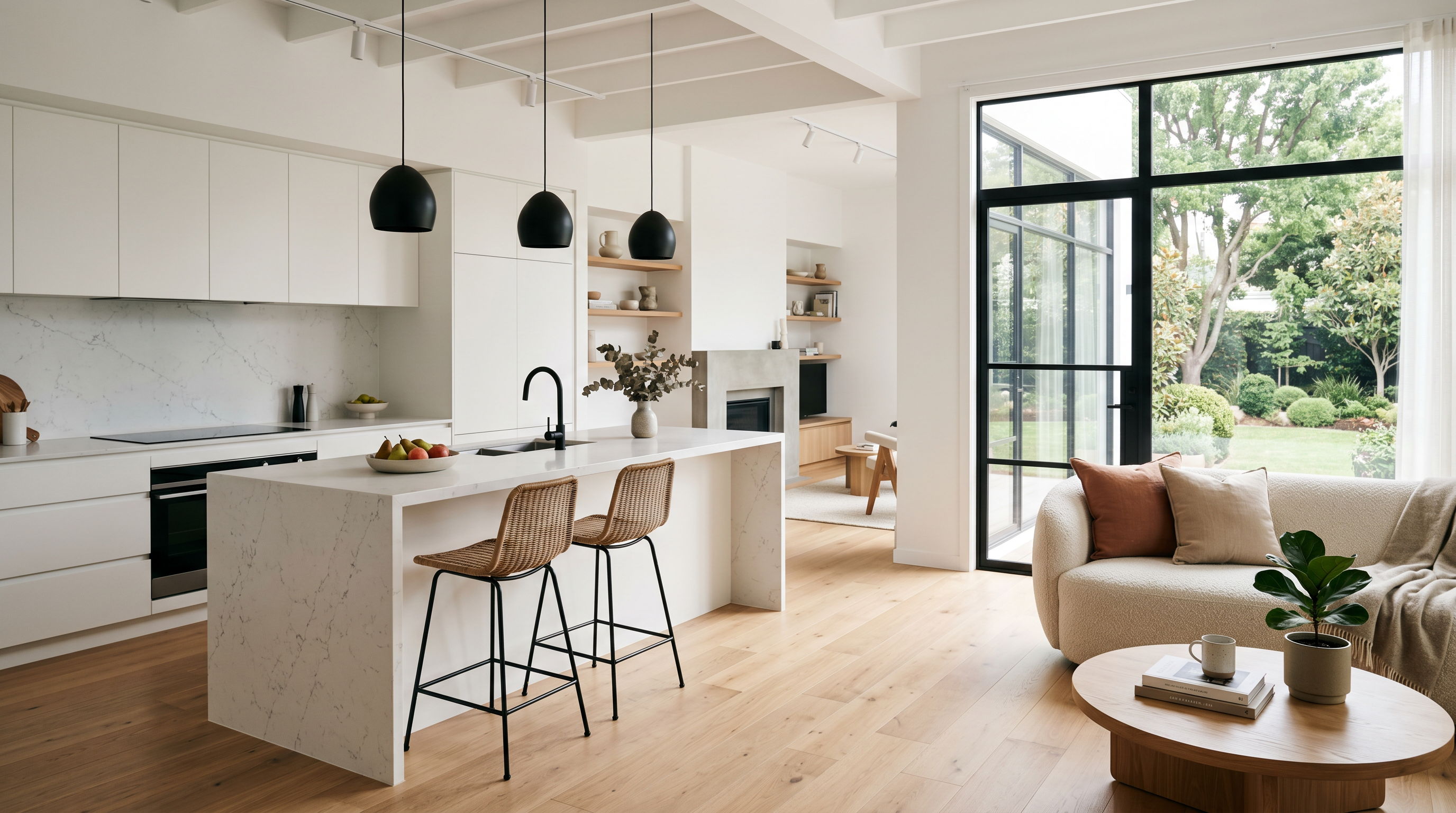 Light-filled modern kitchen and living space with white oak flooring, matte black fixtures, and a stone island — a recently completed Nutty Hubby renovation.