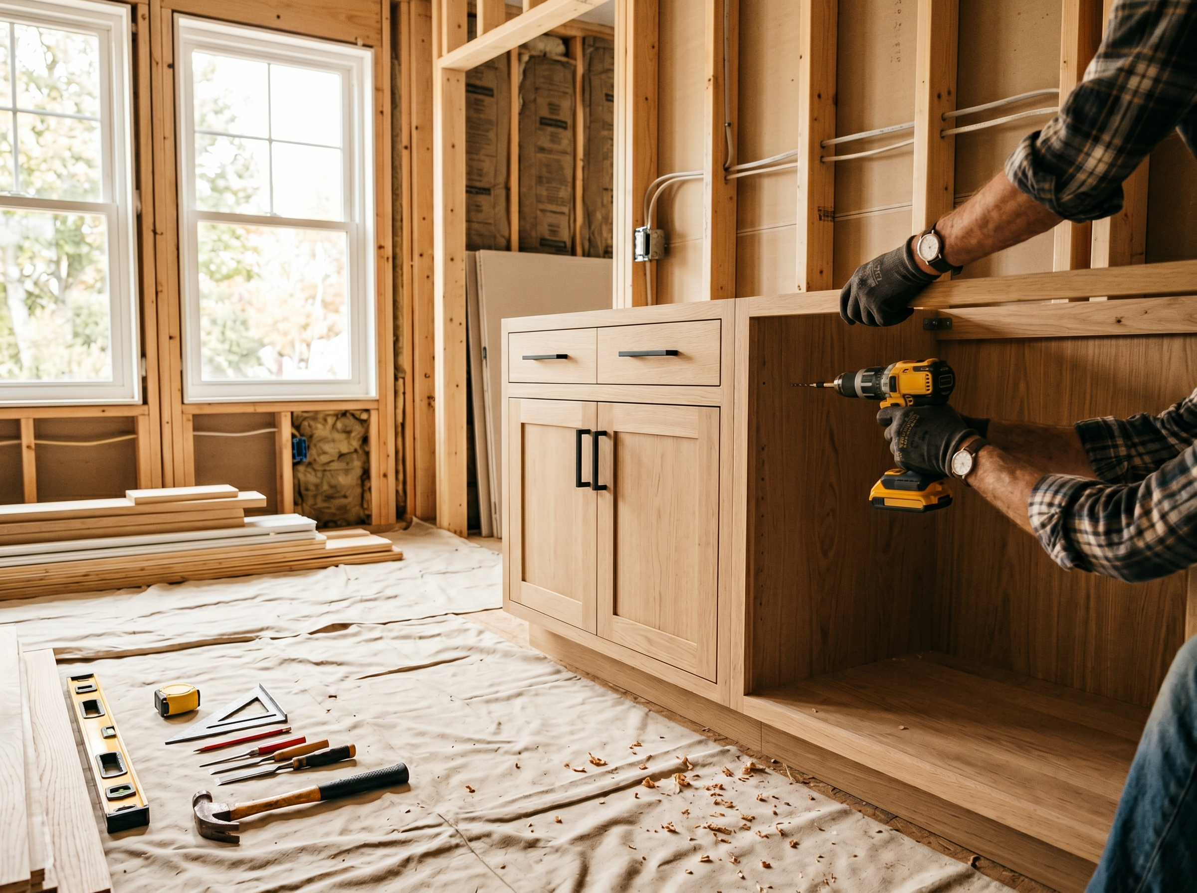 A craftsperson installing custom white oak cabinetry on a tidy, well-organized renovation site.