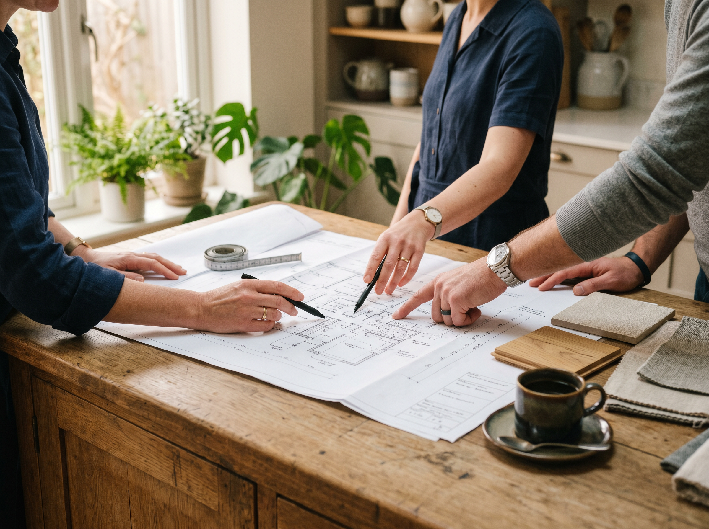 Two homeowners reviewing renovation plans with a consultant across a kitchen island.