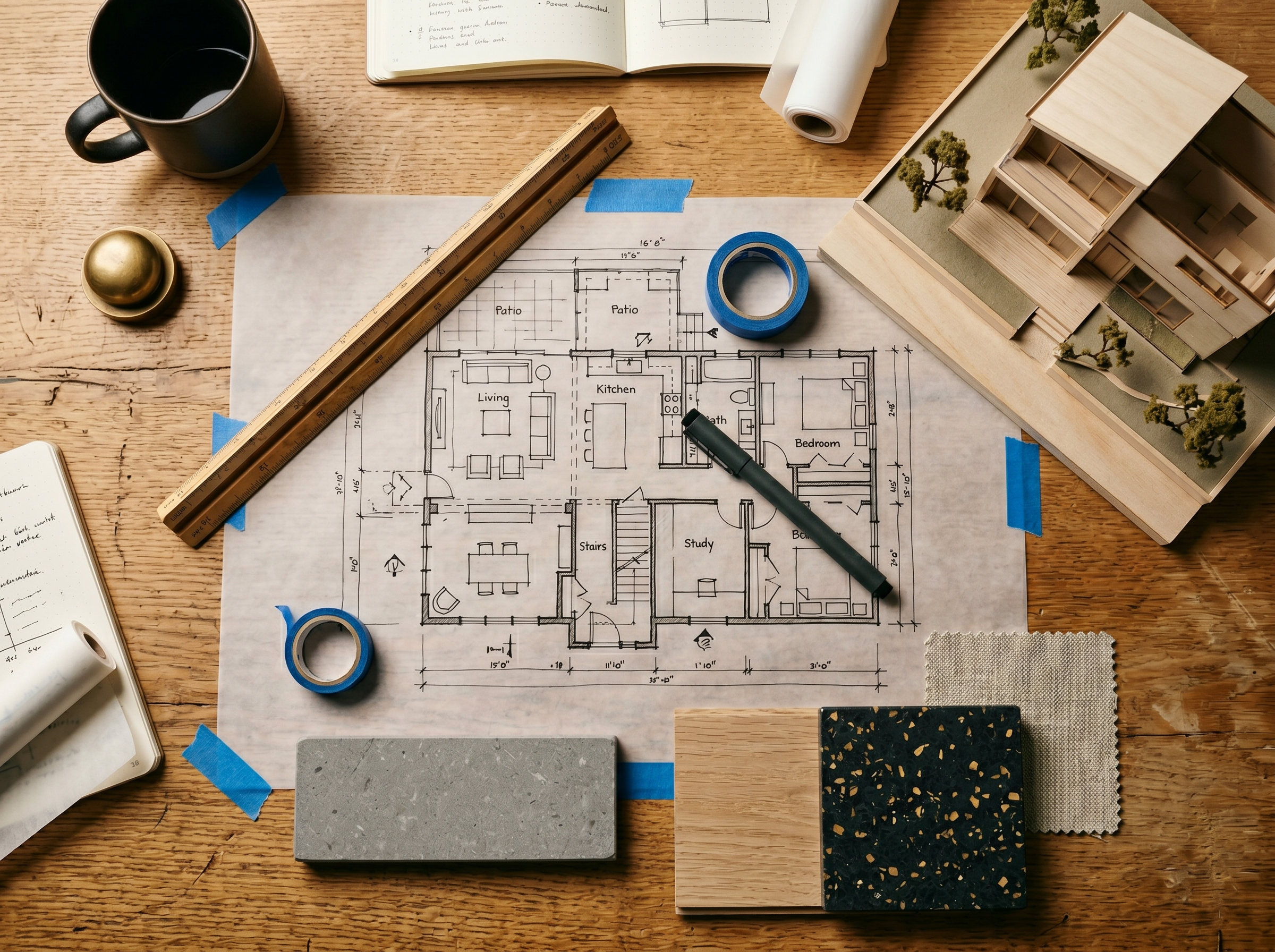 Architectural floor plans, a ruler, material samples, and a small-scale house model on a wooden desk.